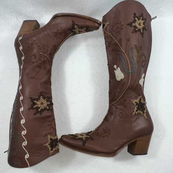Erkan Demir Artemis Brown Leather Embroidered Western Cowgirl Boots Size 37/6 - Picture 5 of 16